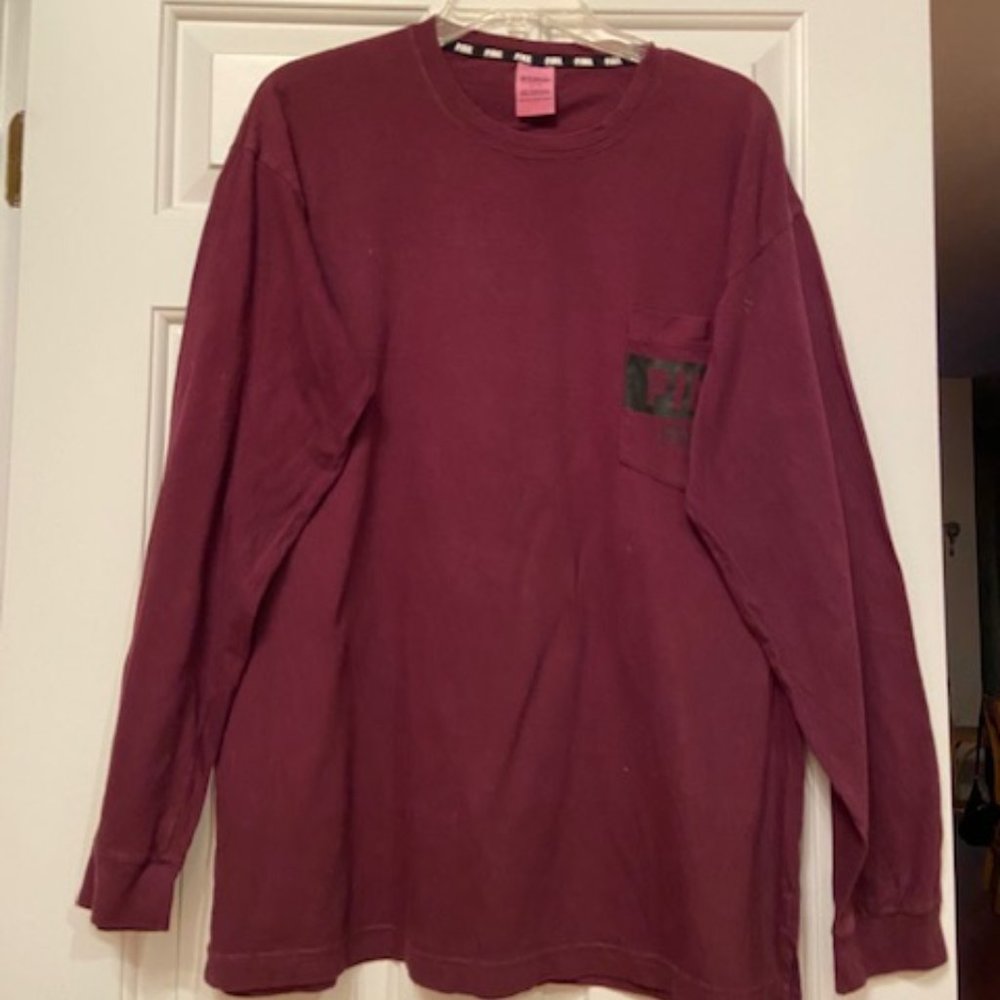 PINK Victoria Secrets Men's T shirt Long Sleeve Boat Neck sz L LOGO 100% Cotton